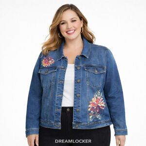 Max Jeans Floral Embroidered Denim Jean Jacket 3X Plus Blue Boho Florence NEW